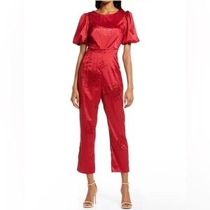 Lulus Time After Time Floral Jacquard Satin Open Back Jumpsuit - Deep Red